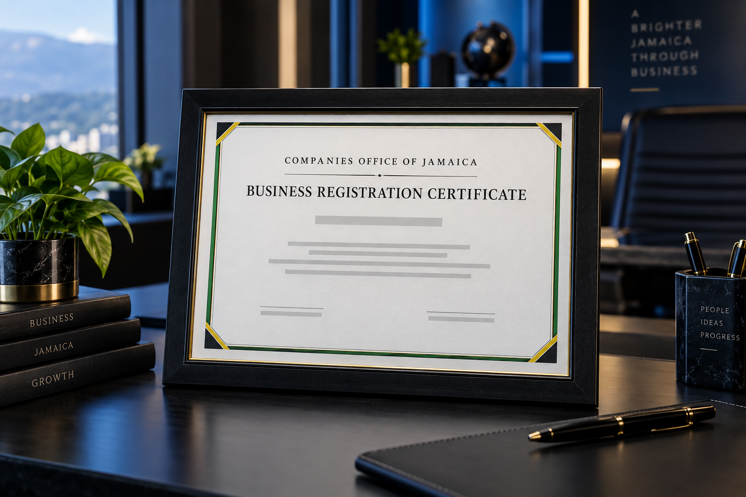 Illustrative framed Companies Office of Jamaica business registration certificate